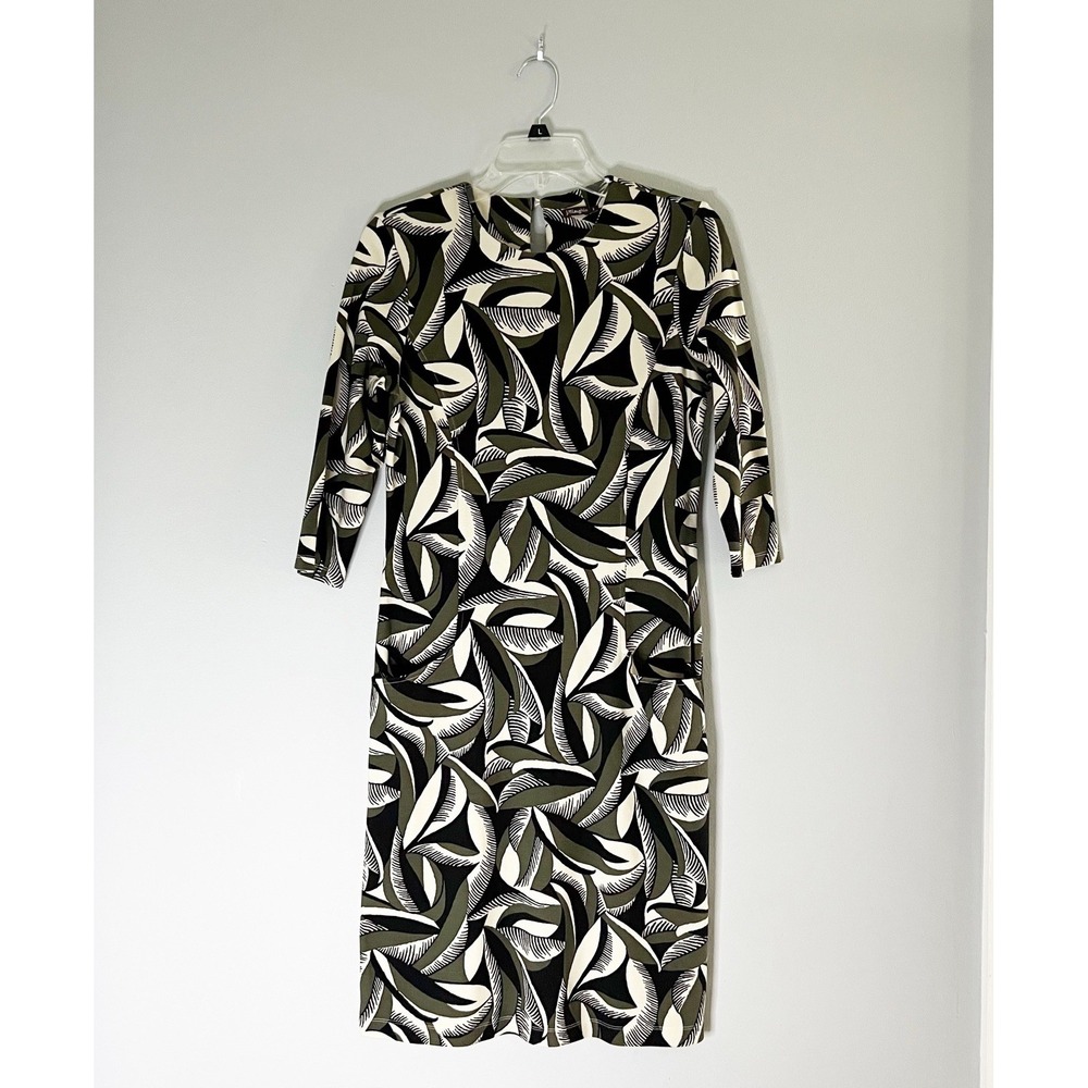 J.McLaughlin Womens Small Green Abstract Leaf Print‎ Sheath Dress Pockets